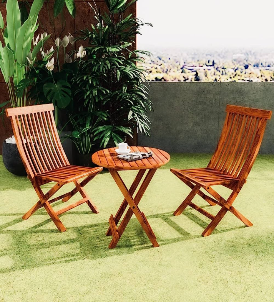 Wooden Patio Dining Set Foldable Chair and Round Table